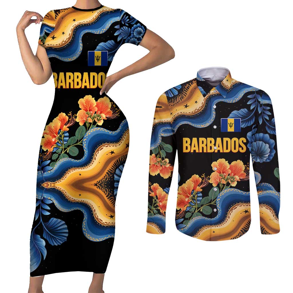 Barbados Floral Wave Couples Matching Short Sleeve Bodycon Dress and Long Sleeve Button Shirt with Tropical Hibiscus Print Black and Gold - Wonder Print Shop