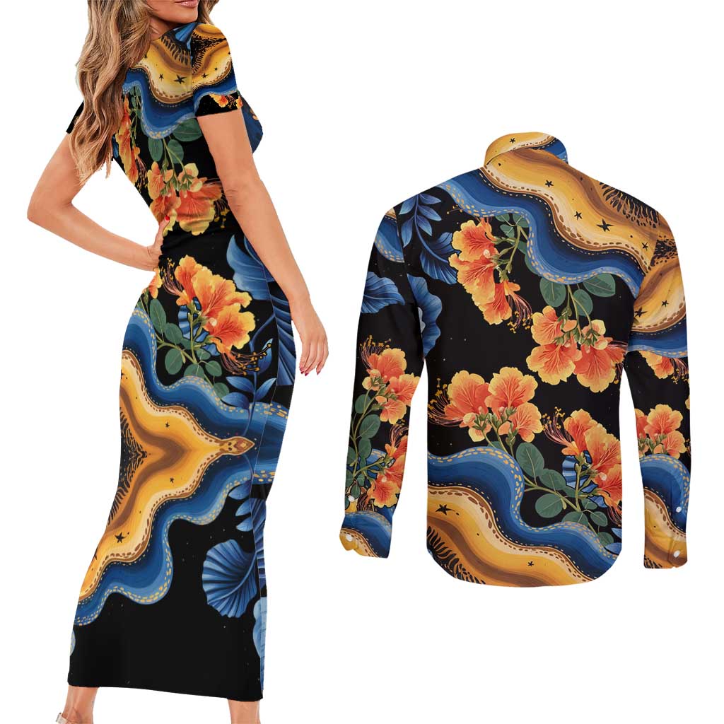 Barbados Floral Wave Couples Matching Short Sleeve Bodycon Dress and Long Sleeve Button Shirt with Tropical Hibiscus Print Black and Gold - Wonder Print Shop