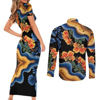 Barbados Floral Wave Couples Matching Short Sleeve Bodycon Dress and Long Sleeve Button Shirt with Tropical Hibiscus Print Black and Gold - Wonder Print Shop