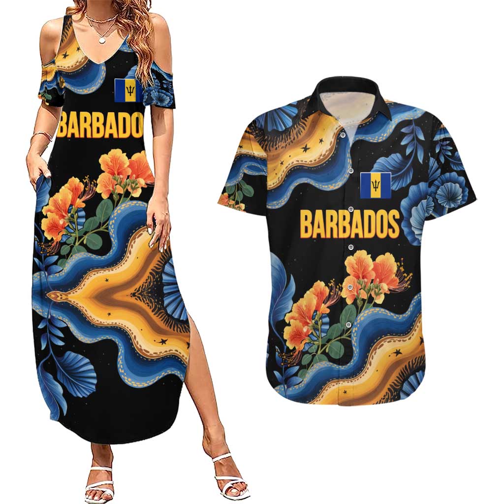 Barbados Floral Wave Couples Matching Summer Maxi Dress and Hawaiian Shirt with Tropical Hibiscus Print Black and Gold - Wonder Print Shop