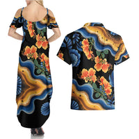 Barbados Floral Wave Couples Matching Summer Maxi Dress and Hawaiian Shirt with Tropical Hibiscus Print Black and Gold - Wonder Print Shop