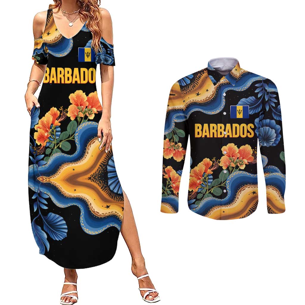 Barbados Floral Wave Couples Matching Summer Maxi Dress and Long Sleeve Button Shirt with Tropical Hibiscus Print Black and Gold - Wonder Print Shop