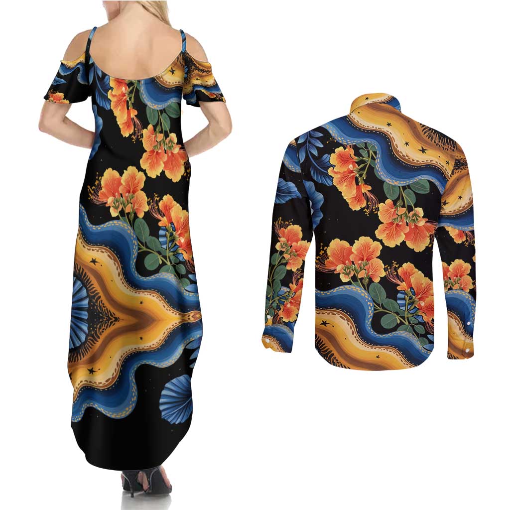 Barbados Floral Wave Couples Matching Summer Maxi Dress and Long Sleeve Button Shirt with Tropical Hibiscus Print Black and Gold - Wonder Print Shop