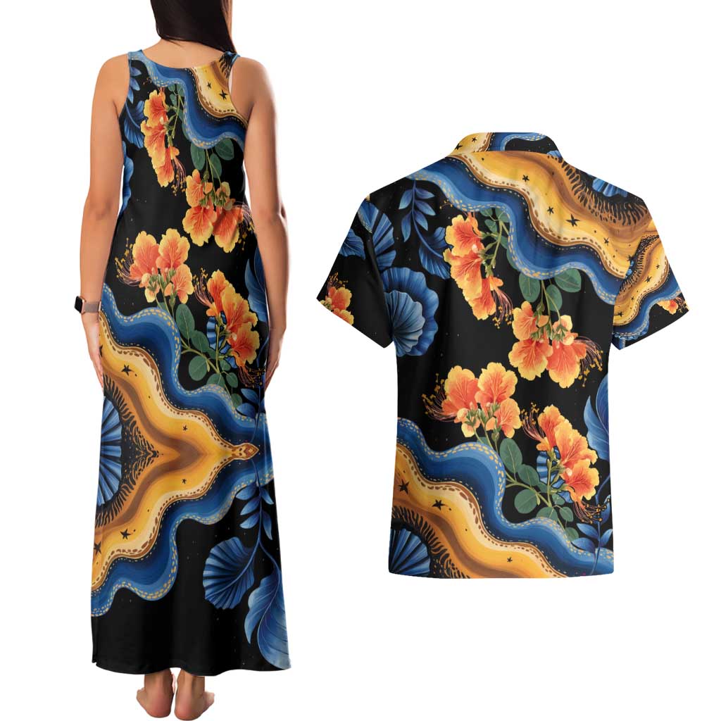 Barbados Floral Wave Couples Matching Tank Maxi Dress and Hawaiian Shirt with Tropical Hibiscus Print Black and Gold - Wonder Print Shop