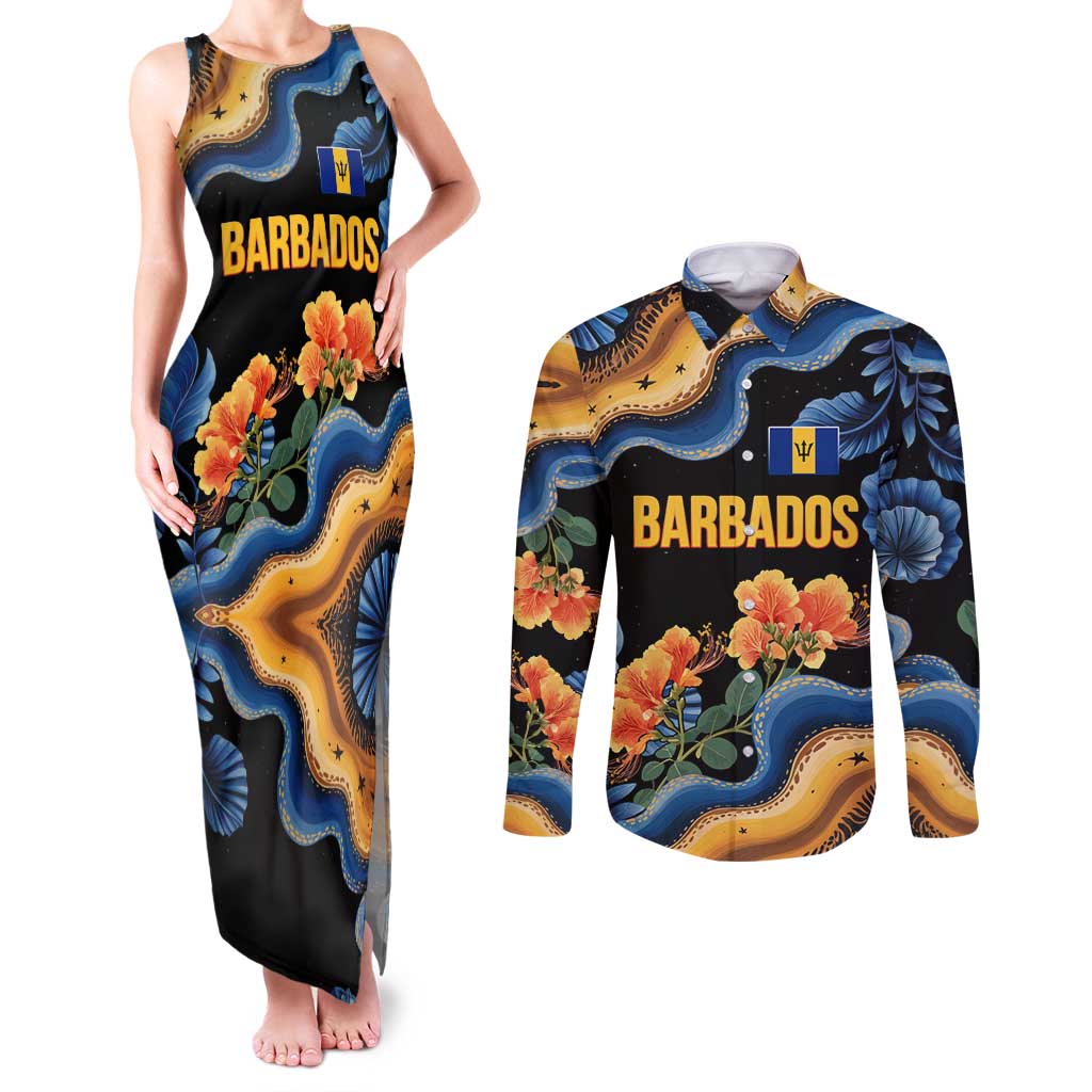 Barbados Floral Wave Couples Matching Tank Maxi Dress and Long Sleeve Button Shirt with Tropical Hibiscus Print Black and Gold - Wonder Print Shop