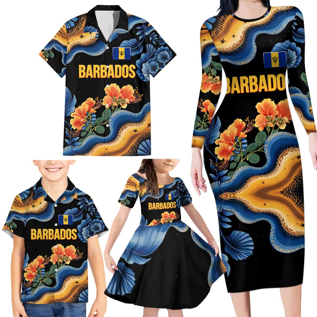 Barbados Floral Wave Family Matching Long Sleeve Bodycon Dress and Hawaiian Shirt with Tropical Hibiscus Print Black and Gold - Wonder Print Shop