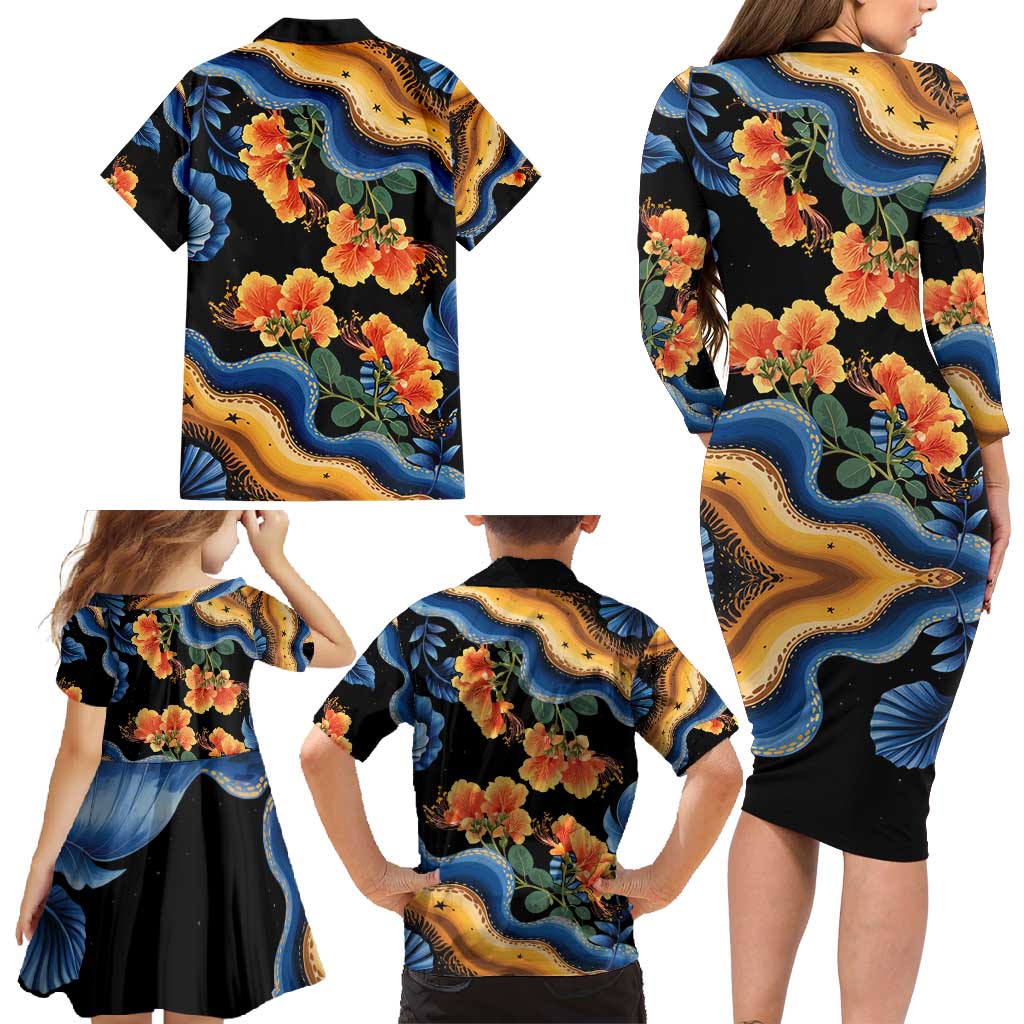 Barbados Floral Wave Family Matching Long Sleeve Bodycon Dress and Hawaiian Shirt with Tropical Hibiscus Print Black and Gold - Wonder Print Shop