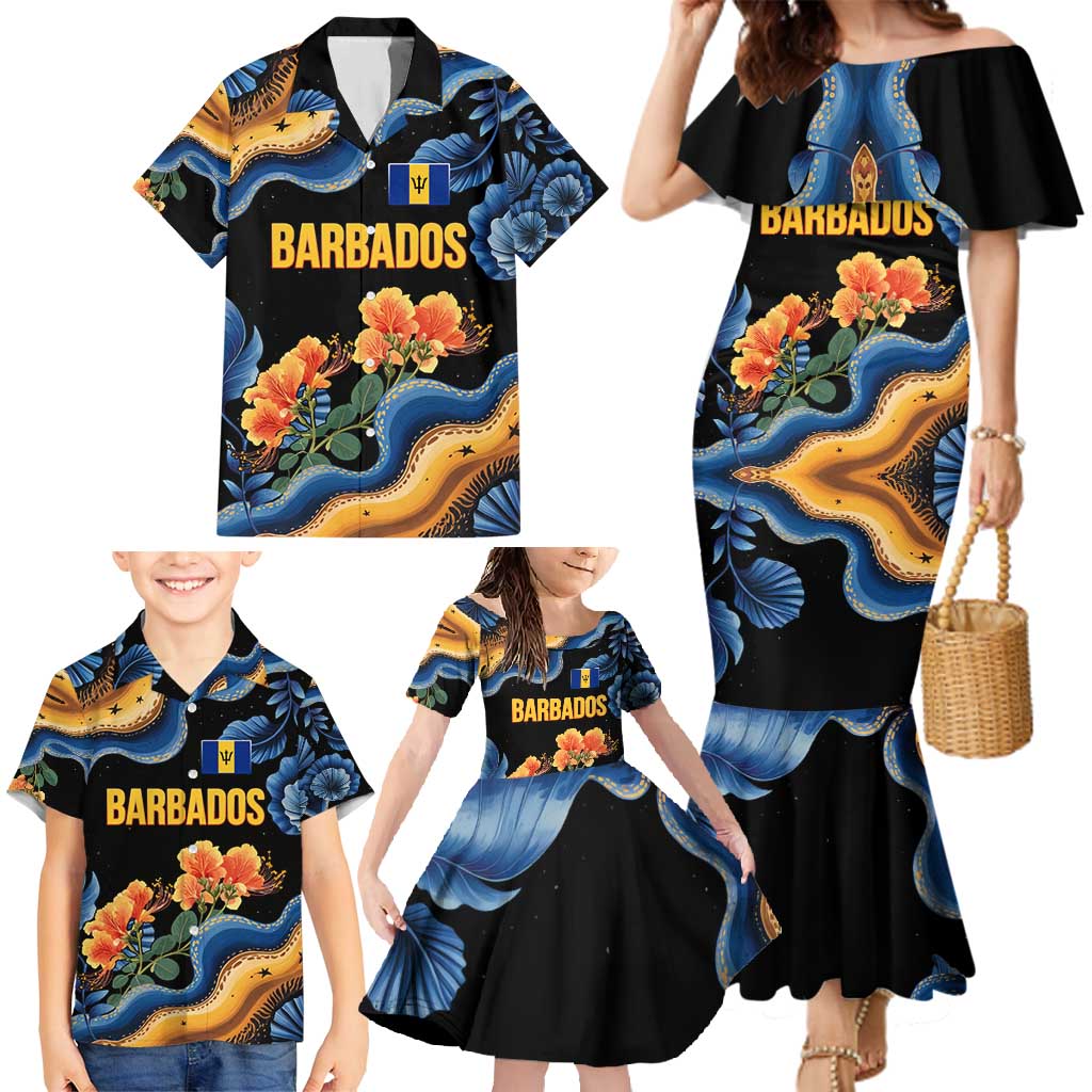 Barbados Floral Wave Family Matching Mermaid Dress and Hawaiian Shirt with Tropical Hibiscus Print Black and Gold - Wonder Print Shop