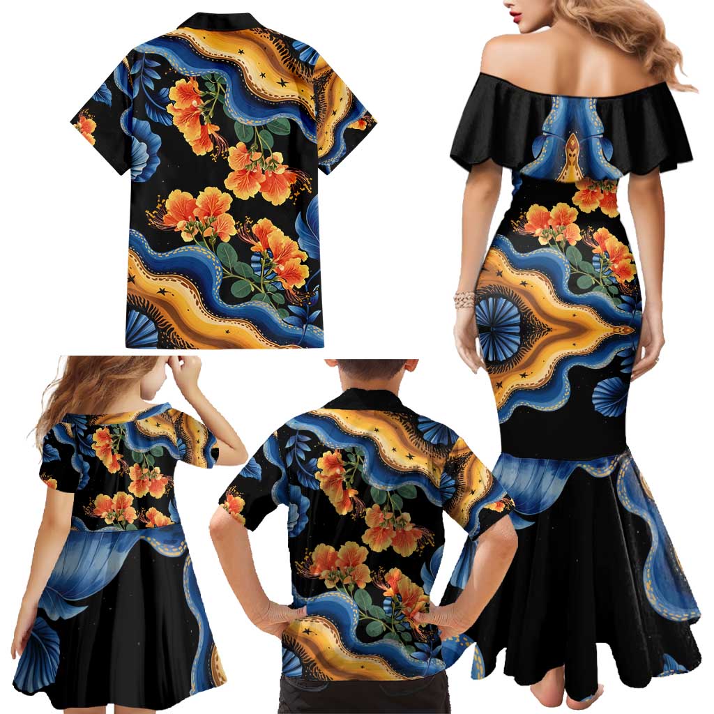 Barbados Floral Wave Family Matching Mermaid Dress and Hawaiian Shirt with Tropical Hibiscus Print Black and Gold - Wonder Print Shop
