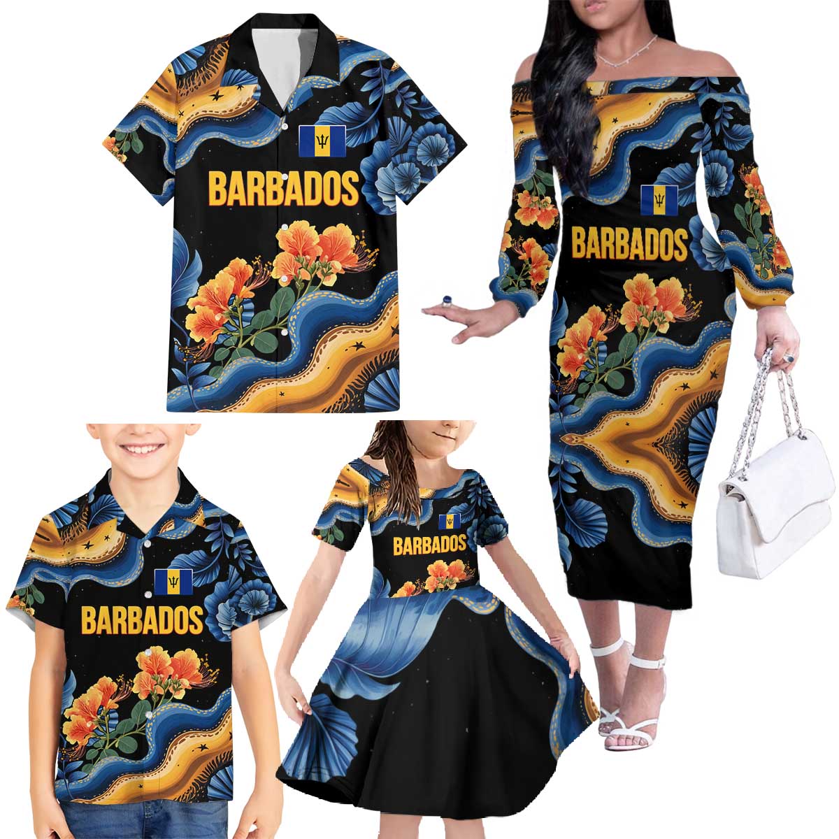 Barbados Floral Wave Family Matching Off The Shoulder Long Sleeve Dress and Hawaiian Shirt with Tropical Hibiscus Print Black and Gold - Wonder Print Shop