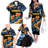 Barbados Floral Wave Family Matching Off The Shoulder Long Sleeve Dress and Hawaiian Shirt with Tropical Hibiscus Print Black and Gold - Wonder Print Shop