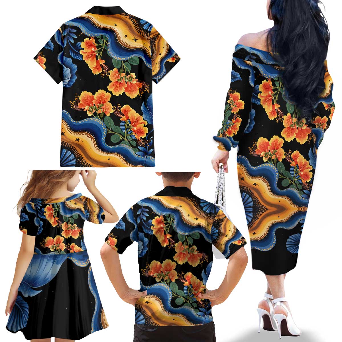 Barbados Floral Wave Family Matching Off The Shoulder Long Sleeve Dress and Hawaiian Shirt with Tropical Hibiscus Print Black and Gold - Wonder Print Shop