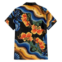 Barbados Floral Wave Family Matching Off The Shoulder Long Sleeve Dress and Hawaiian Shirt with Tropical Hibiscus Print Black and Gold - Wonder Print Shop