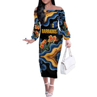 Barbados Floral Wave Family Matching Off The Shoulder Long Sleeve Dress and Hawaiian Shirt with Tropical Hibiscus Print Black and Gold - Wonder Print Shop
