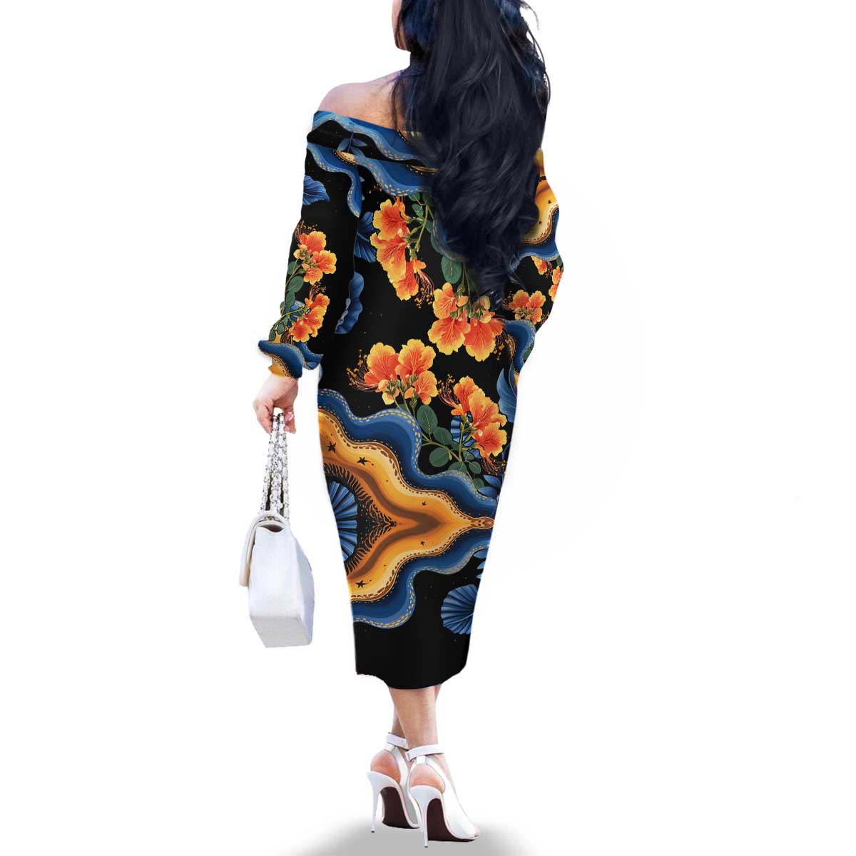 Barbados Floral Wave Family Matching Off The Shoulder Long Sleeve Dress and Hawaiian Shirt with Tropical Hibiscus Print Black and Gold - Wonder Print Shop