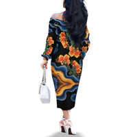 Barbados Floral Wave Family Matching Off The Shoulder Long Sleeve Dress and Hawaiian Shirt with Tropical Hibiscus Print Black and Gold - Wonder Print Shop