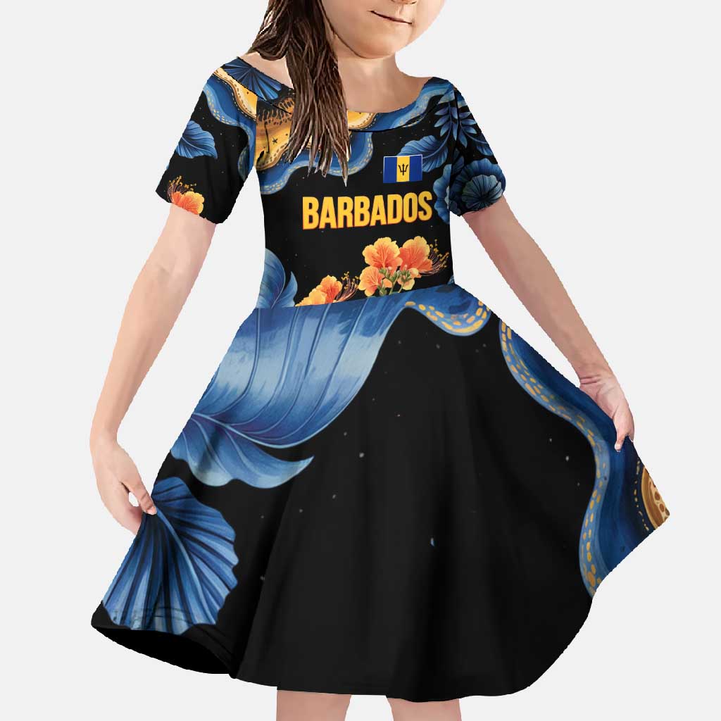 Barbados Floral Wave Family Matching Off Shoulder Maxi Dress and Hawaiian Shirt with Tropical Hibiscus Print Black and Gold - Wonder Print Shop