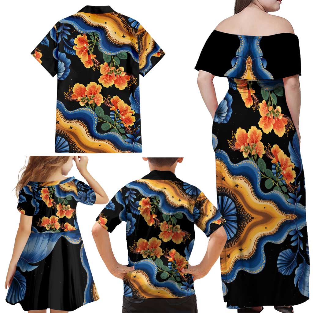 Barbados Floral Wave Family Matching Off Shoulder Maxi Dress and Hawaiian Shirt with Tropical Hibiscus Print Black and Gold - Wonder Print Shop