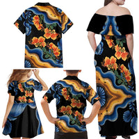Barbados Floral Wave Family Matching Off Shoulder Maxi Dress and Hawaiian Shirt with Tropical Hibiscus Print Black and Gold - Wonder Print Shop