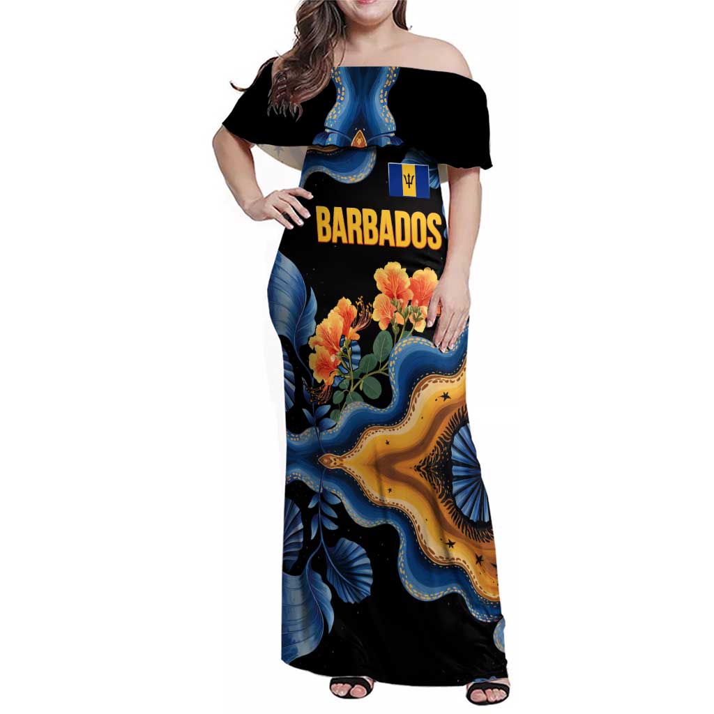 Barbados Floral Wave Family Matching Off Shoulder Maxi Dress and Hawaiian Shirt with Tropical Hibiscus Print Black and Gold - Wonder Print Shop