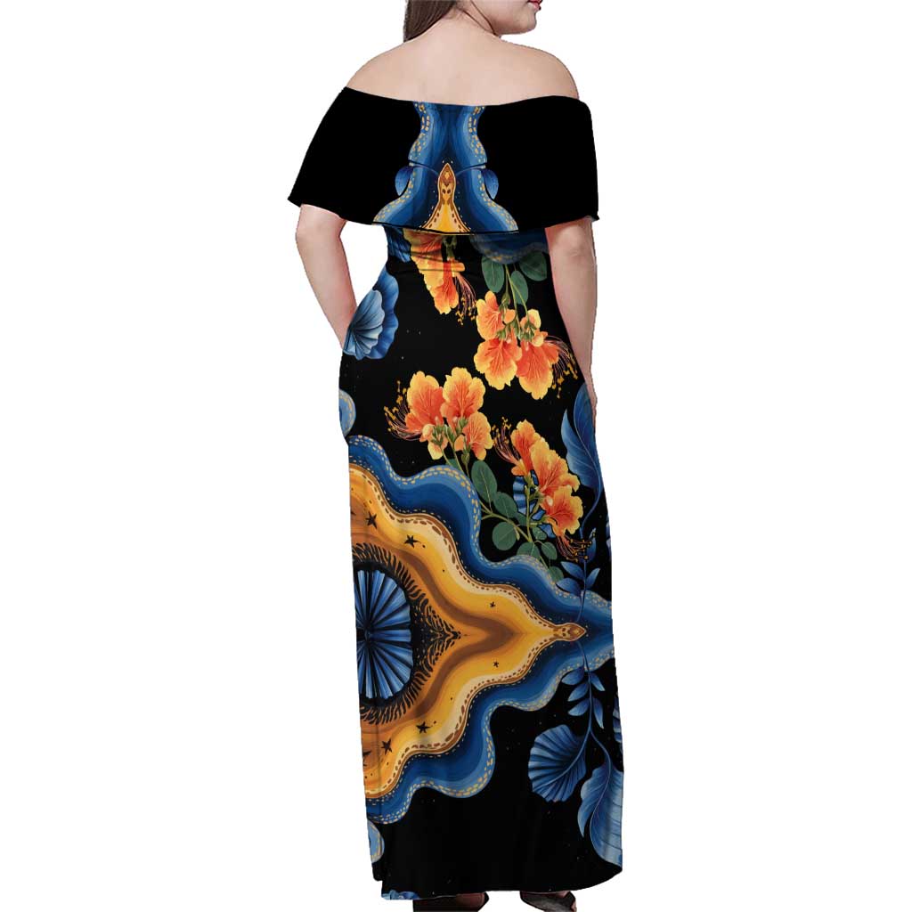 Barbados Floral Wave Family Matching Off Shoulder Maxi Dress and Hawaiian Shirt with Tropical Hibiscus Print Black and Gold - Wonder Print Shop