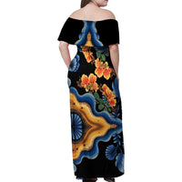 Barbados Floral Wave Family Matching Off Shoulder Maxi Dress and Hawaiian Shirt with Tropical Hibiscus Print Black and Gold - Wonder Print Shop