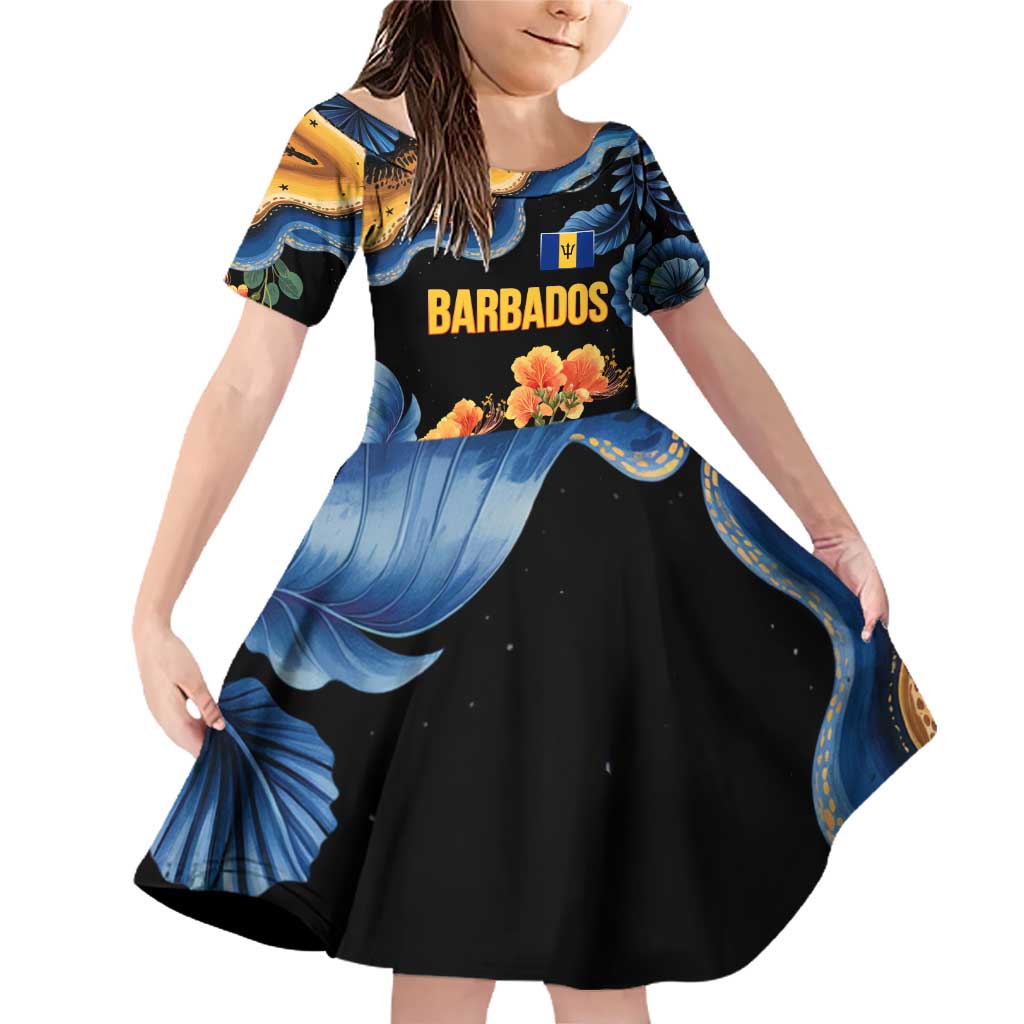 Barbados Floral Wave Family Matching Off Shoulder Short Dress and Hawaiian Shirt with Tropical Hibiscus Print Black and Gold - Wonder Print Shop