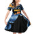 Barbados Floral Wave Family Matching Off Shoulder Short Dress and Hawaiian Shirt with Tropical Hibiscus Print Black and Gold - Wonder Print Shop