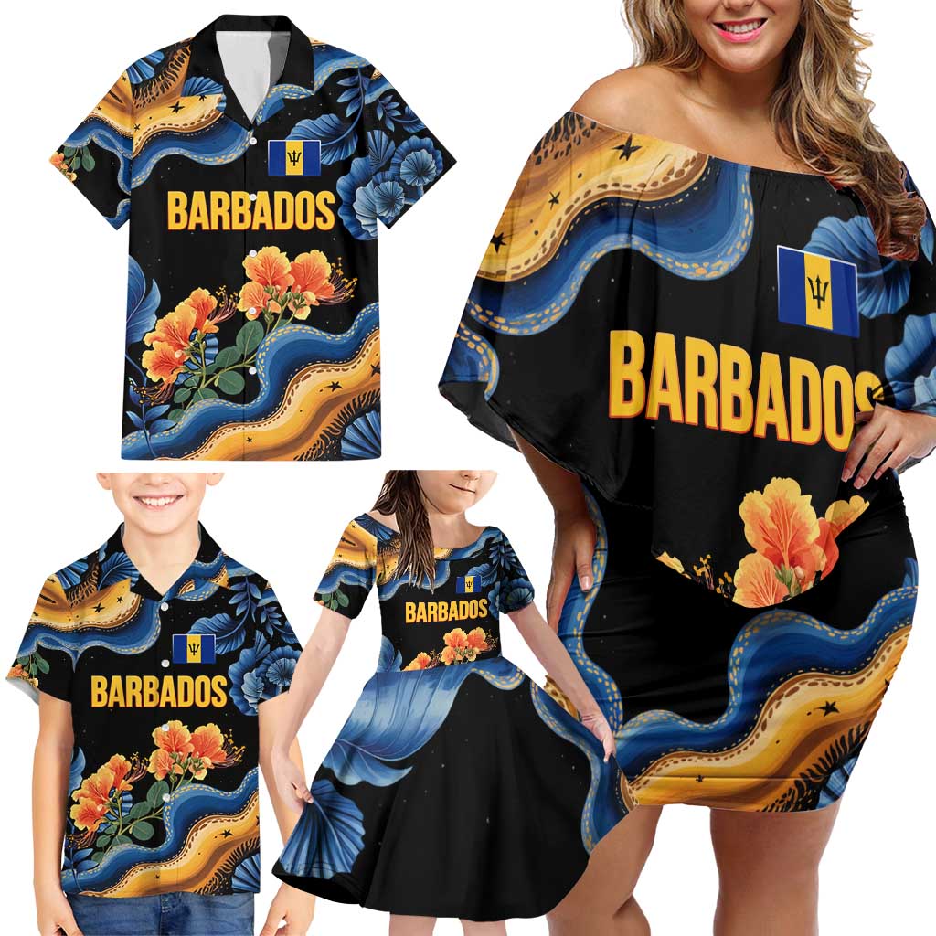 Barbados Floral Wave Family Matching Off Shoulder Short Dress and Hawaiian Shirt with Tropical Hibiscus Print Black and Gold - Wonder Print Shop