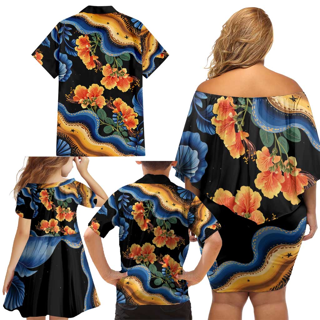 Barbados Floral Wave Family Matching Off Shoulder Short Dress and Hawaiian Shirt with Tropical Hibiscus Print Black and Gold - Wonder Print Shop