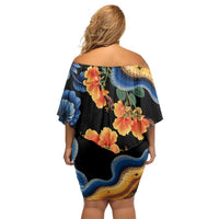 Barbados Floral Wave Family Matching Off Shoulder Short Dress and Hawaiian Shirt with Tropical Hibiscus Print Black and Gold - Wonder Print Shop