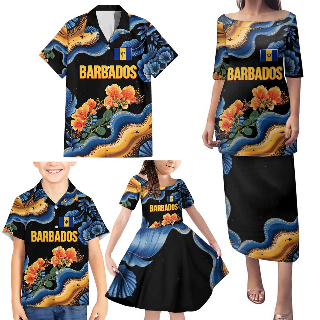 Barbados Floral Wave Family Matching Puletasi and Hawaiian Shirt with Tropical Hibiscus Print Black and Gold - Wonder Print Shop