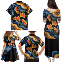 Barbados Floral Wave Family Matching Puletasi and Hawaiian Shirt with Tropical Hibiscus Print Black and Gold - Wonder Print Shop
