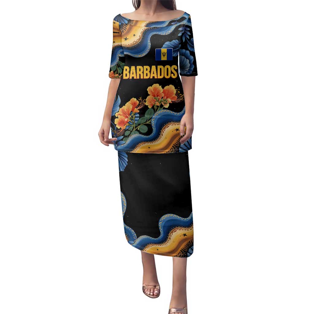 Barbados Floral Wave Family Matching Puletasi and Hawaiian Shirt with Tropical Hibiscus Print Black and Gold - Wonder Print Shop
