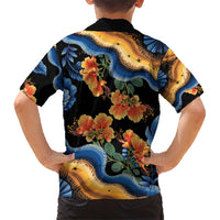 Barbados Floral Wave Family Matching Short Sleeve Bodycon Dress and Hawaiian Shirt with Tropical Hibiscus Print Black and Gold - Wonder Print Shop