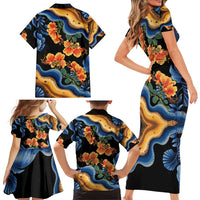 Barbados Floral Wave Family Matching Short Sleeve Bodycon Dress and Hawaiian Shirt with Tropical Hibiscus Print Black and Gold - Wonder Print Shop