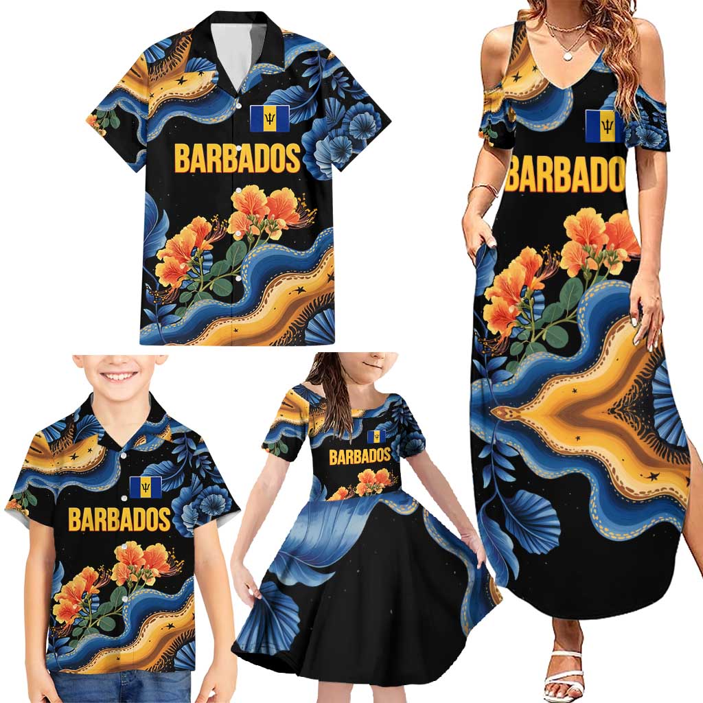 Barbados Floral Wave Family Matching Summer Maxi Dress and Hawaiian Shirt with Tropical Hibiscus Print Black and Gold - Wonder Print Shop