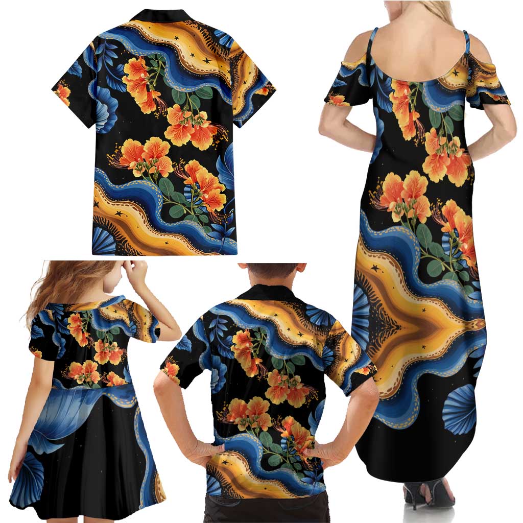 Barbados Floral Wave Family Matching Summer Maxi Dress and Hawaiian Shirt with Tropical Hibiscus Print Black and Gold - Wonder Print Shop