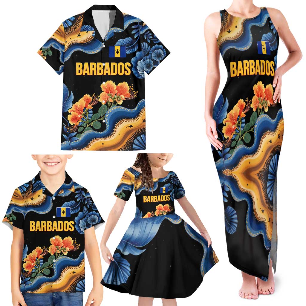 Barbados Floral Wave Family Matching Tank Maxi Dress and Hawaiian Shirt with Tropical Hibiscus Print Black and Gold - Wonder Print Shop