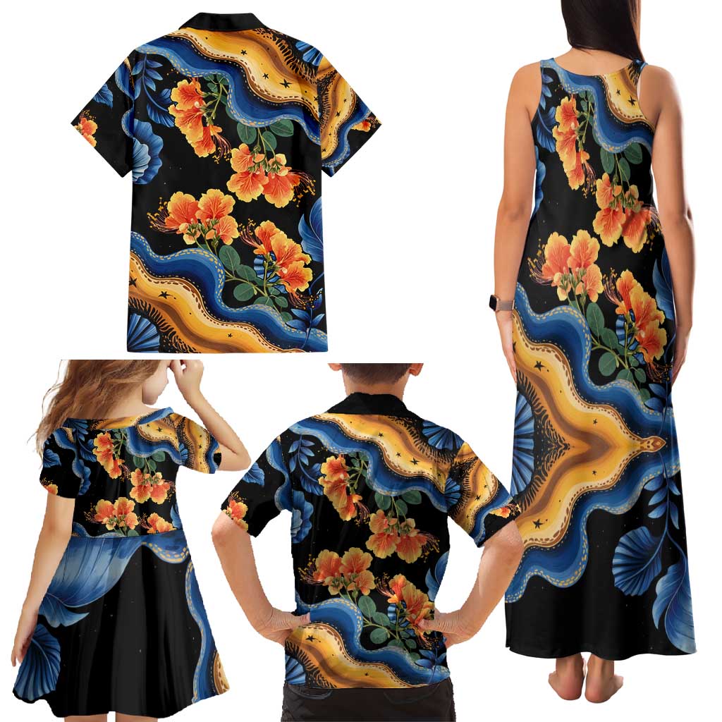 Barbados Floral Wave Family Matching Tank Maxi Dress and Hawaiian Shirt with Tropical Hibiscus Print Black and Gold - Wonder Print Shop