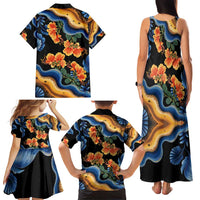 Barbados Floral Wave Family Matching Tank Maxi Dress and Hawaiian Shirt with Tropical Hibiscus Print Black and Gold - Wonder Print Shop
