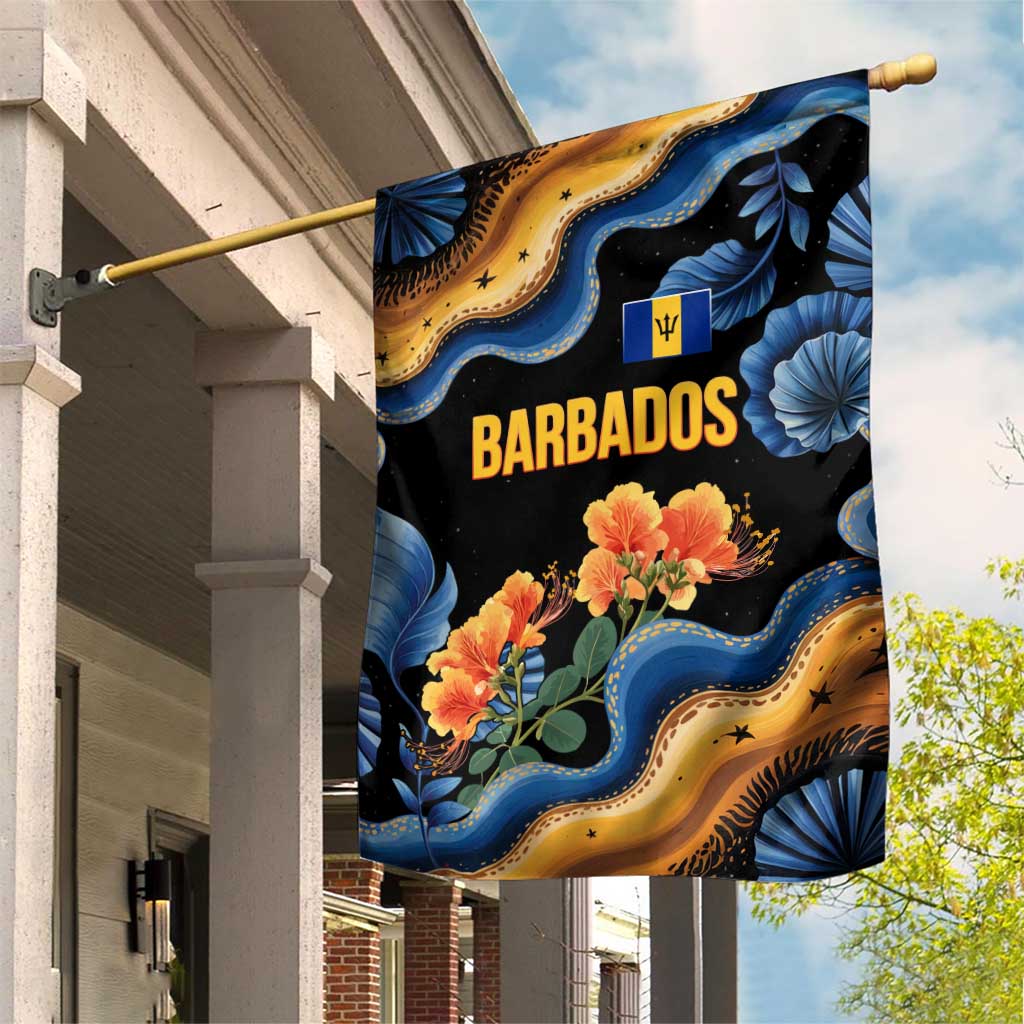 Barbados Floral Wave Garden Flag with Tropical Hibiscus Print Black and Gold - Wonder Print Shop