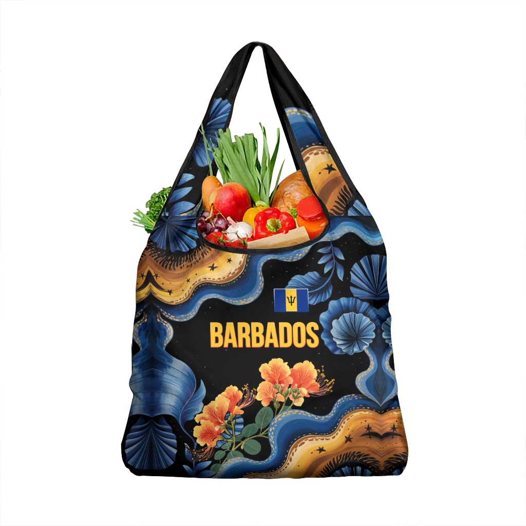 Barbados Floral Wave Grocery Bag with Tropical Hibiscus Print Black and Gold - Wonder Print Shop