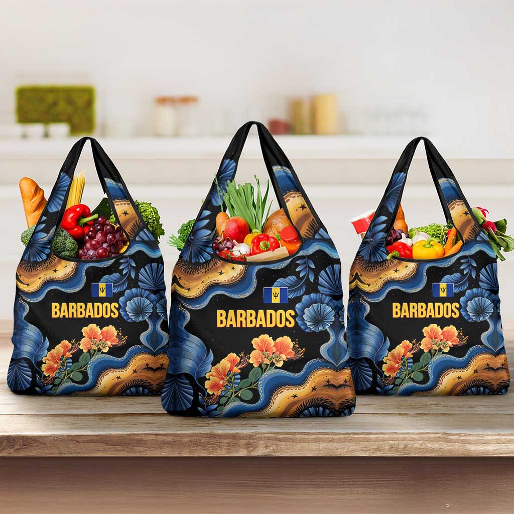 Barbados Floral Wave Grocery Bag with Tropical Hibiscus Print Black and Gold - Wonder Print Shop