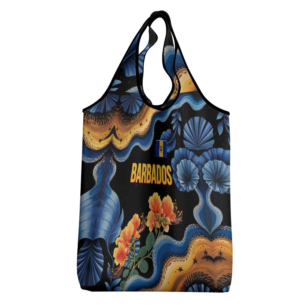 Barbados Floral Wave Grocery Bag with Tropical Hibiscus Print Black and Gold - Wonder Print Shop
