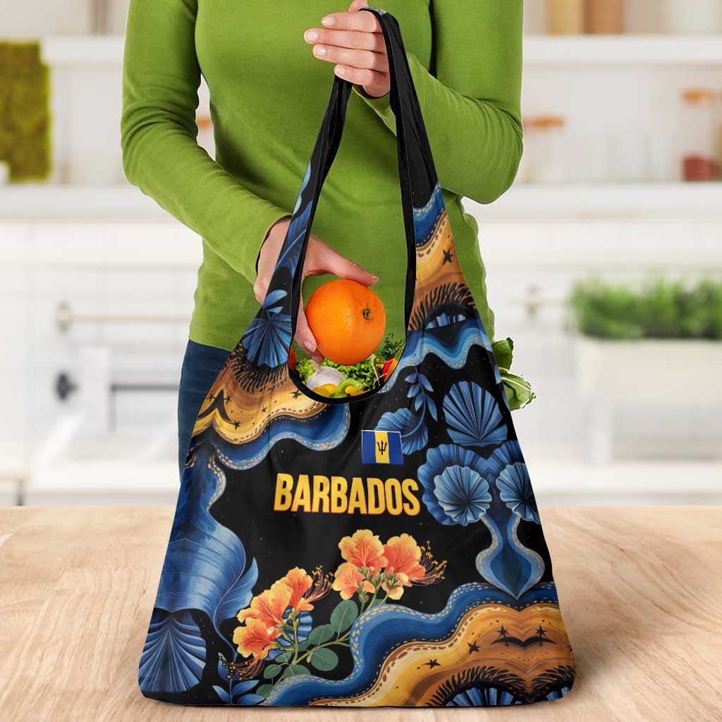 Barbados Floral Wave Grocery Bag with Tropical Hibiscus Print Black and Gold - Wonder Print Shop