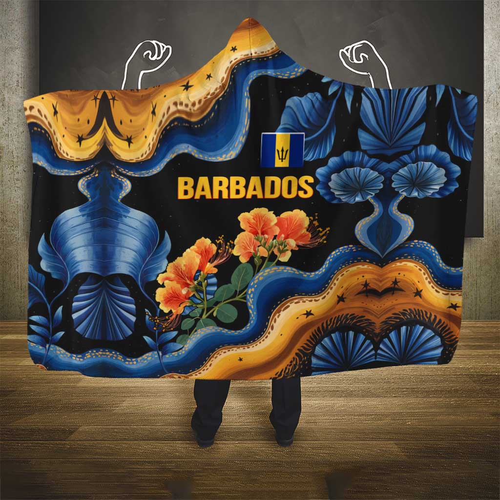 Barbados Floral Wave Hooded Blanket with Tropical Hibiscus Print Black and Gold - Wonder Print Shop