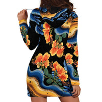 Barbados Floral Wave Hoodie Dress with Tropical Hibiscus Print Black and Gold - Wonder Print Shop