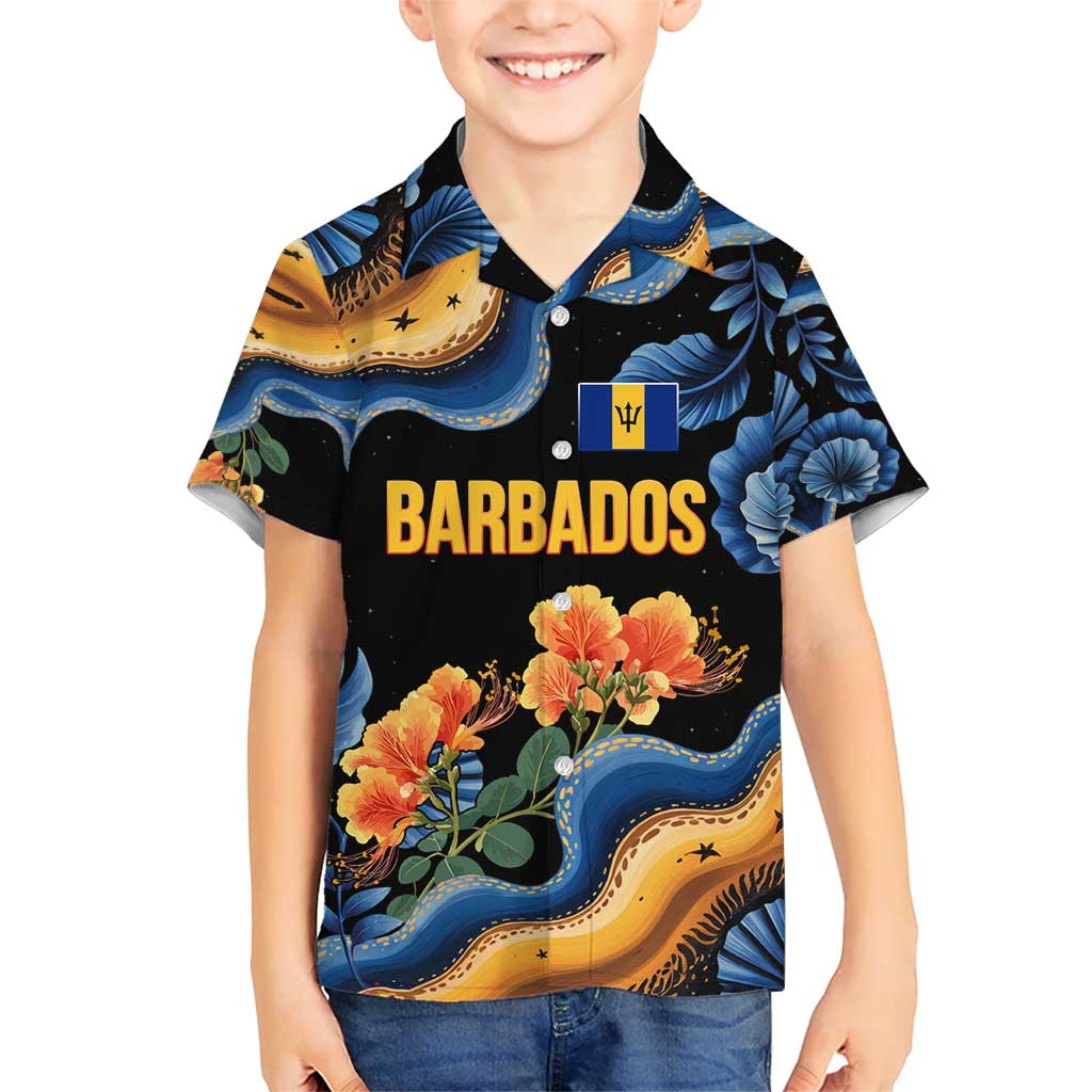 Barbados Floral Wave Kid Hawaiian Shirt with Tropical Hibiscus Print Black and Gold - Wonder Print Shop