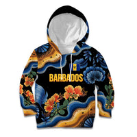 Barbados Floral Wave Kid Hoodie with Tropical Hibiscus Print Black and Gold - Wonder Print Shop